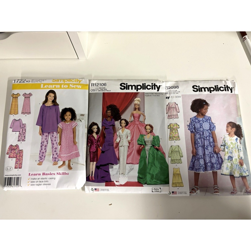 Simplicity Sewing Patterns Lot 3 Girl Dress Pajamas 1722 R12098 Doll Clothes